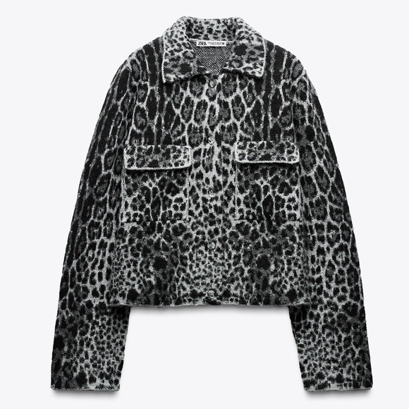 Zara gray leopard animal print jacquard knit cardigan NWT - Picture 1 of 11
